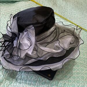 Black and white fancy sheer, feather, embellished, derby hat